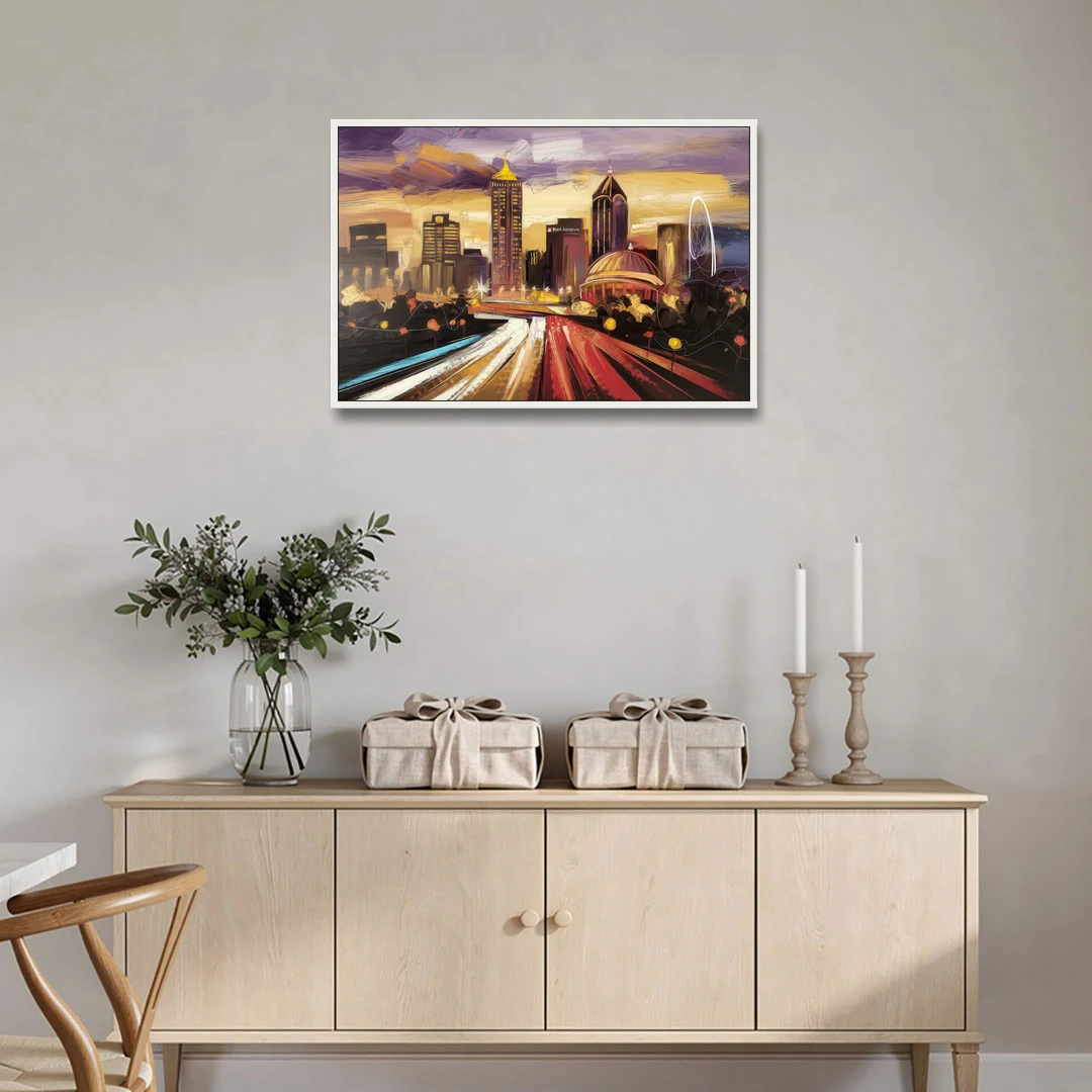 Atlanta Skyline With Georgia Dome - White Framed Canvas Wall Art - Coffee Table - 36x24
