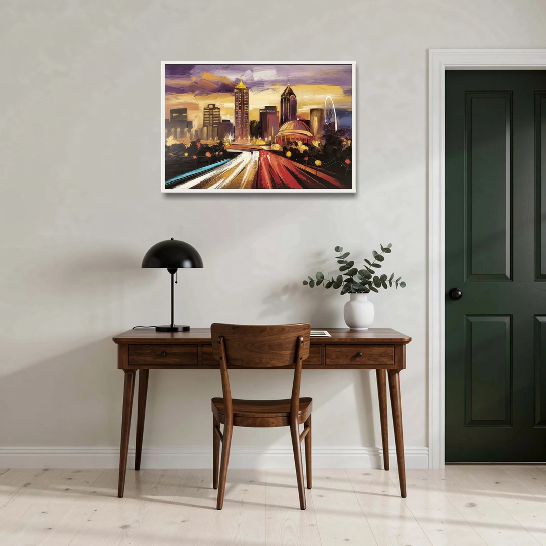 Atlanta Skyline With Georgia Dome - White Framed Canvas Wall Art - Office - 36x24