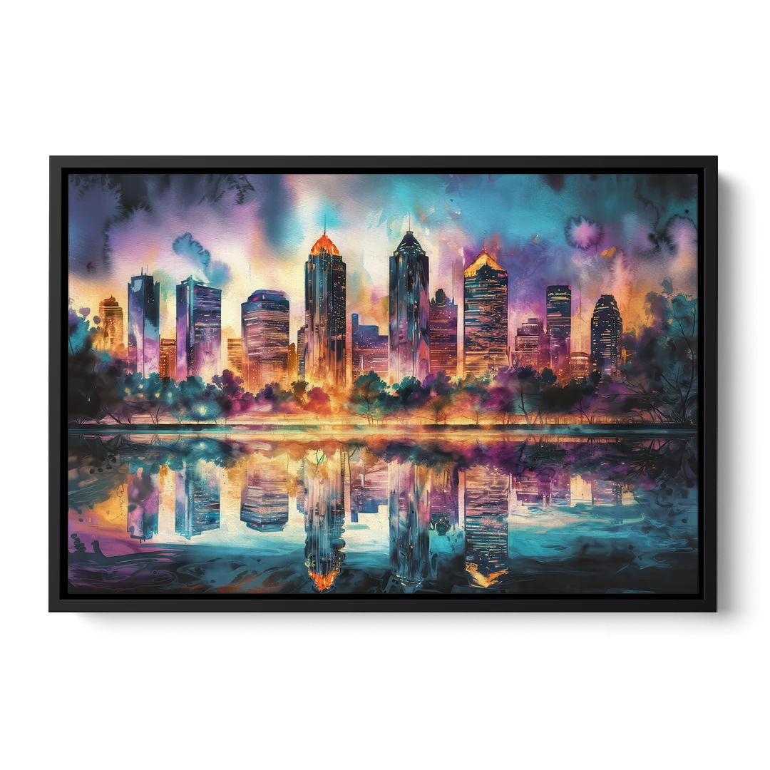 Atlanta Skyline With Reflection - Black Framed Canvas Wall Art - Front