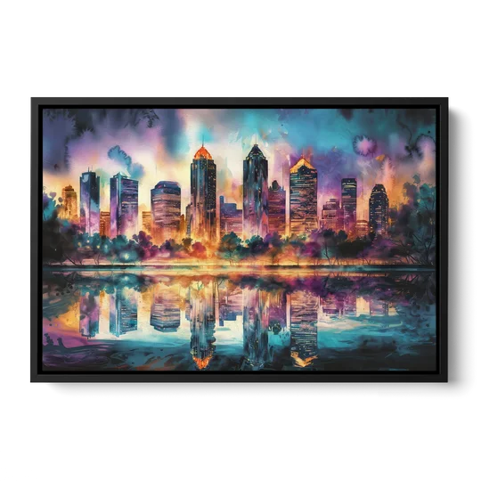 Atlanta Skyline With Reflection - Black Framed Canvas Wall Art - Front