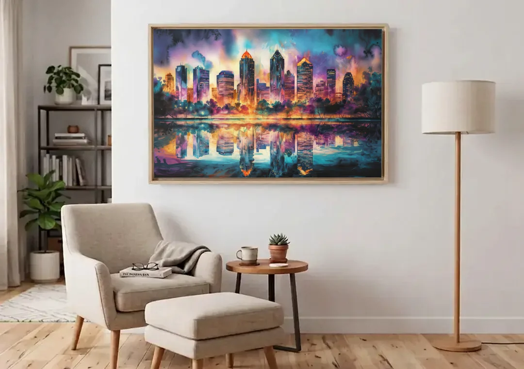Atlanta Skyline With Reflection canvas wall art above an armchair in a bright living room
