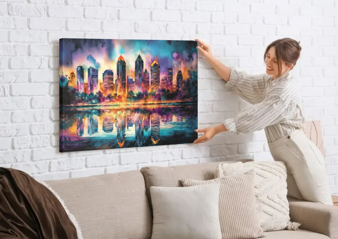 Atlanta Skyline With Reflection canvas wall art being hung on a white brick wall above a sofa