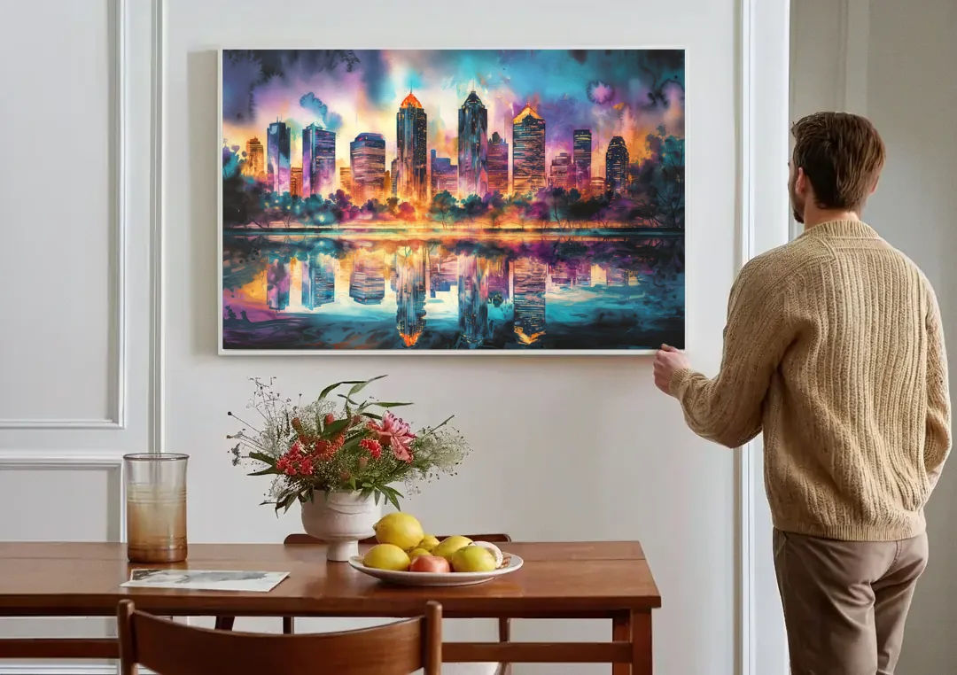 Atlanta Skyline With Reflection canvas wall art above a dining table