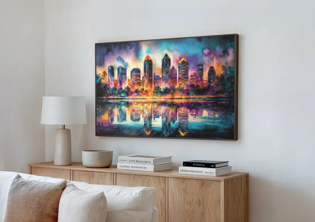 Atlanta Skyline With Reflection canvas wall art above a wooden sideboard next to a sofa