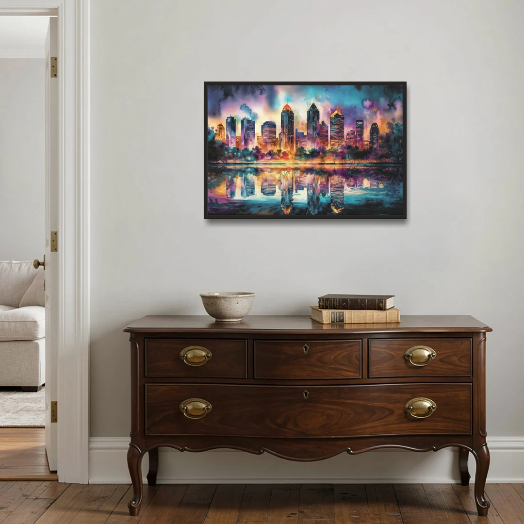 Atlanta Skyline With Reflection - Black Framed Canvas Wall Art - Coffee Table - 36x24