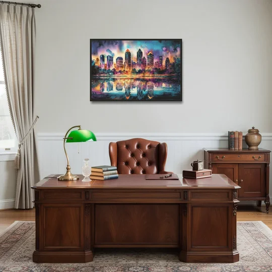 Atlanta Skyline With Reflection - Black Framed Canvas Wall Art - Office - 36x24