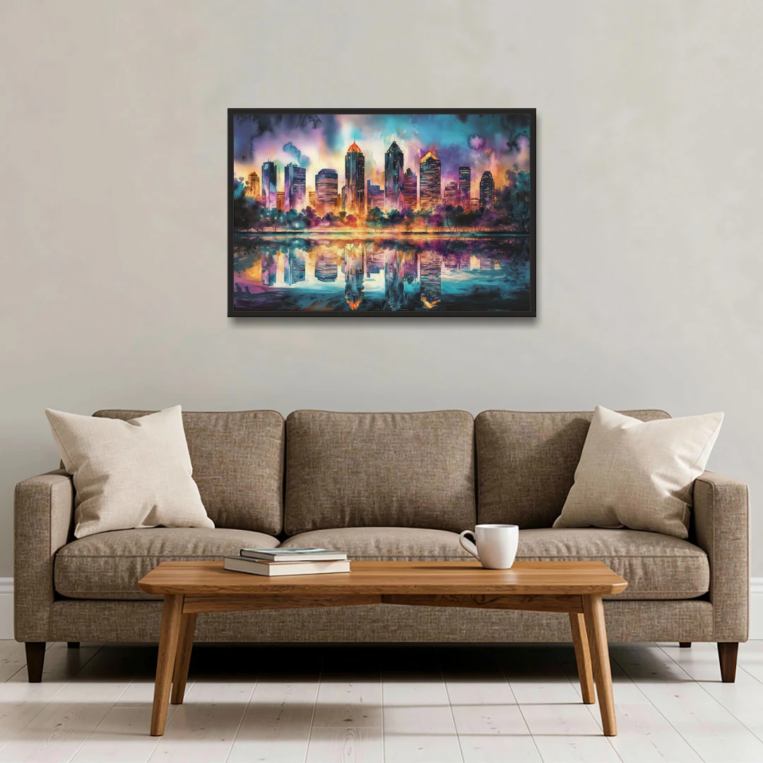 Atlanta Skyline With Reflection - Black Framed Canvas Wall Art - Sofa - 36x24