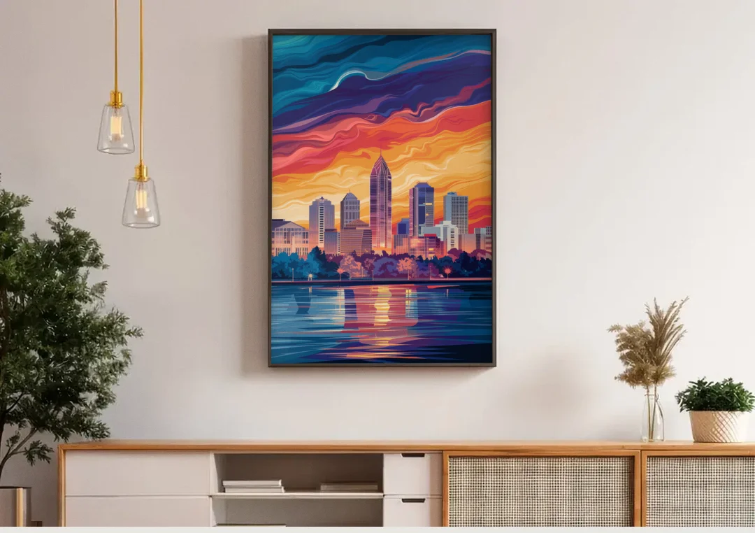Atlanta Street Photography canvas wall art above a wooden sideboard under pendant lights
