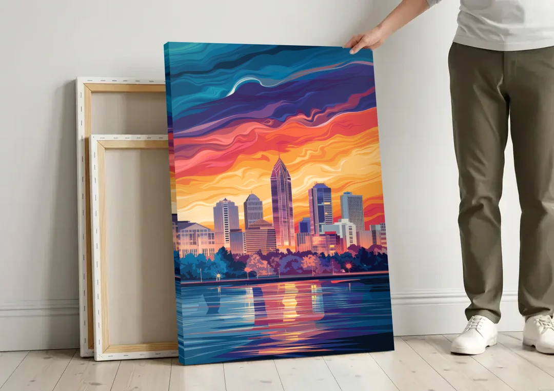 Atlanta Street Photography canvas wall art leaning against a wall next to blank canvases