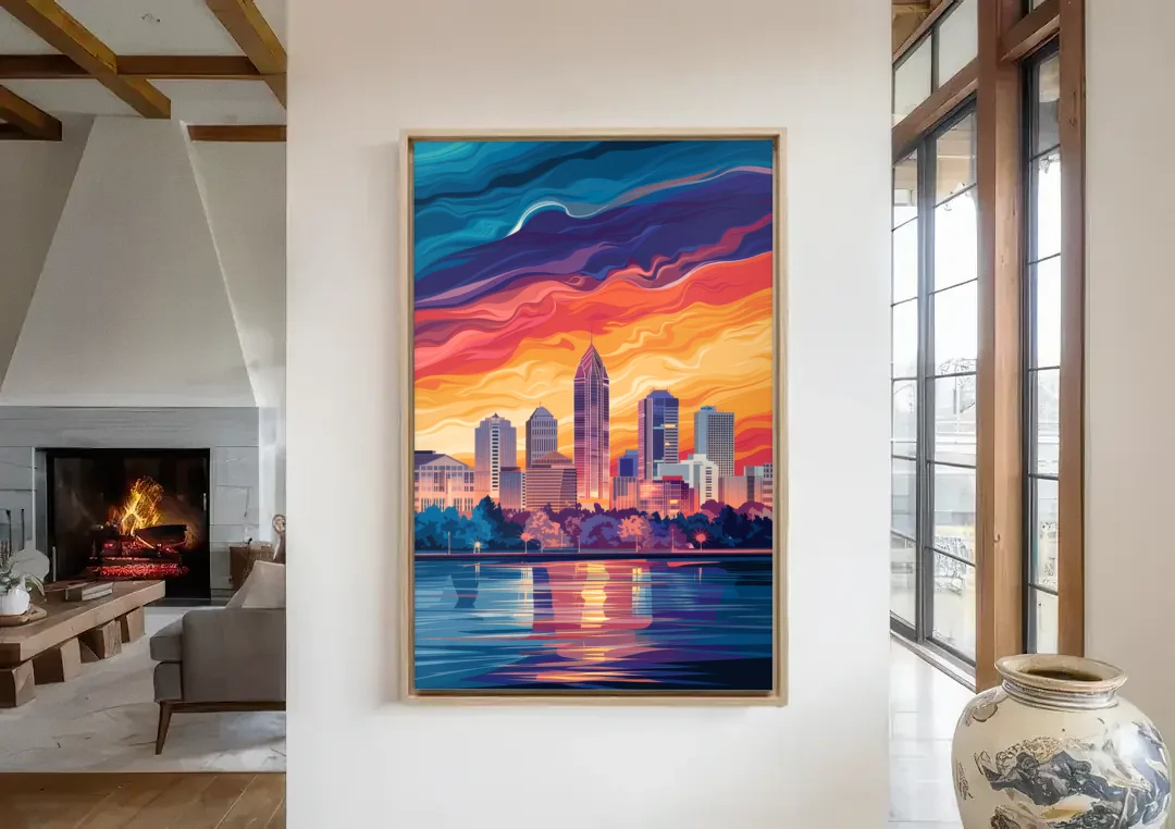 Atlanta Street Photography canvas wall art in a living room with a fireplace