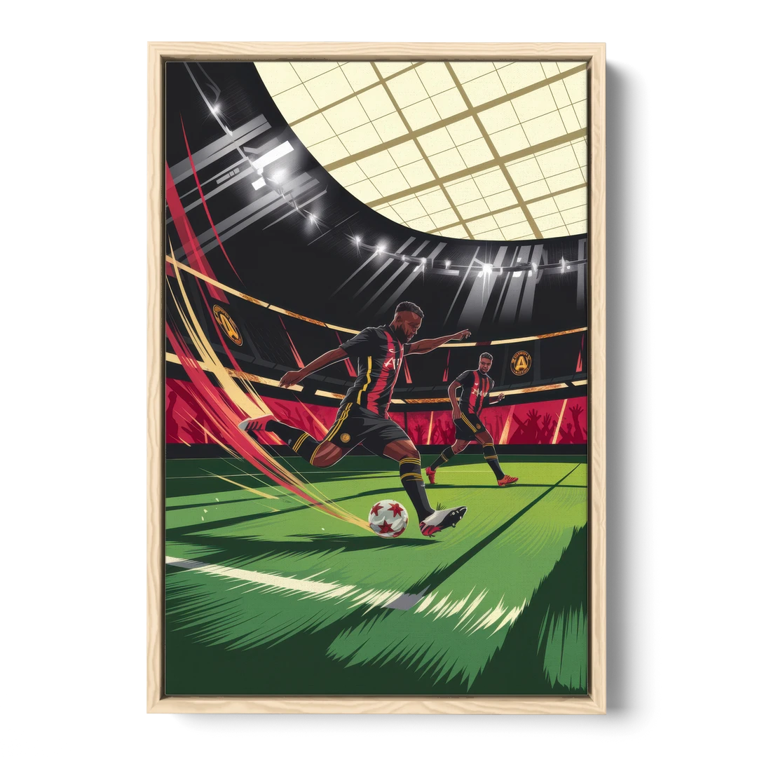 Atlanta United Soccer Action - Oak Framed Canvas Wall Art - Front
