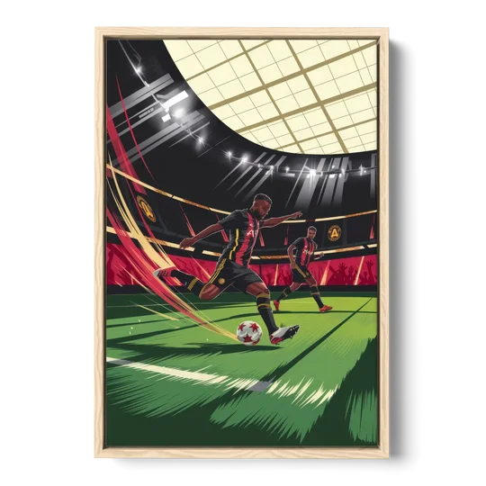 Atlanta United Soccer Action - Oak Framed Canvas Wall Art - Front