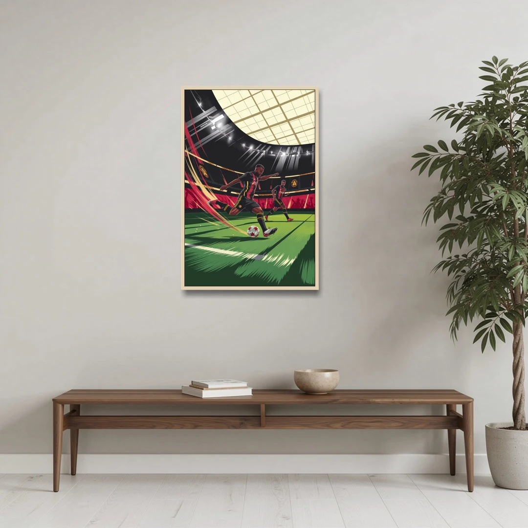 Atlanta United Soccer Action - Oak Framed Canvas Wall Art - Coffee Table - 24x36