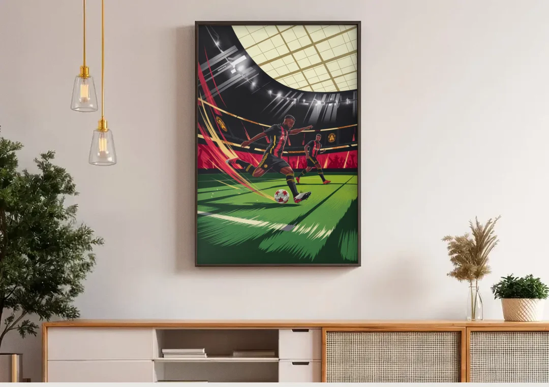 Atlanta United Soccer Action canvas wall art above a wooden sideboard under pendant lights
