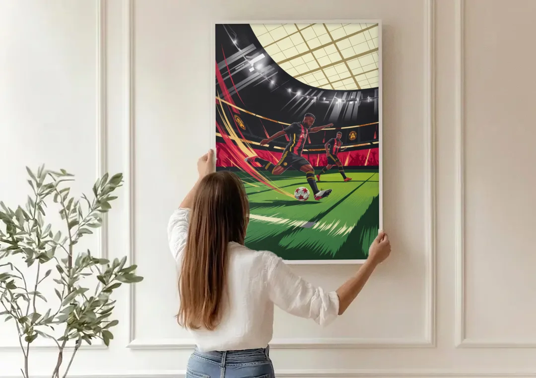 Atlanta United Soccer Action canvas wall art being hung on a paneled wall