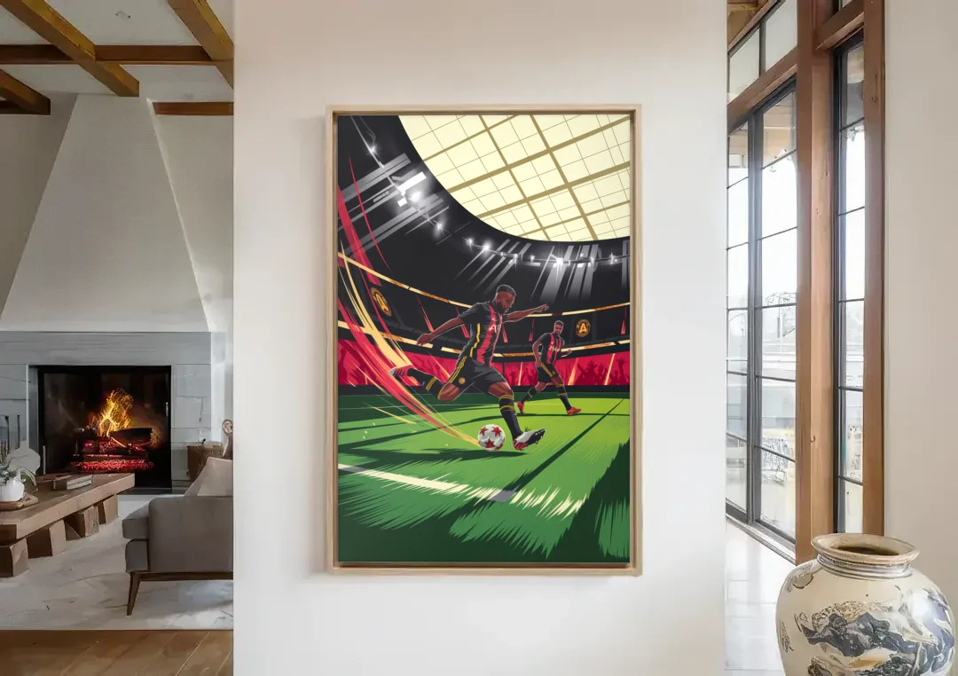 Atlanta United Soccer Action canvas wall art in a living room with a fireplace