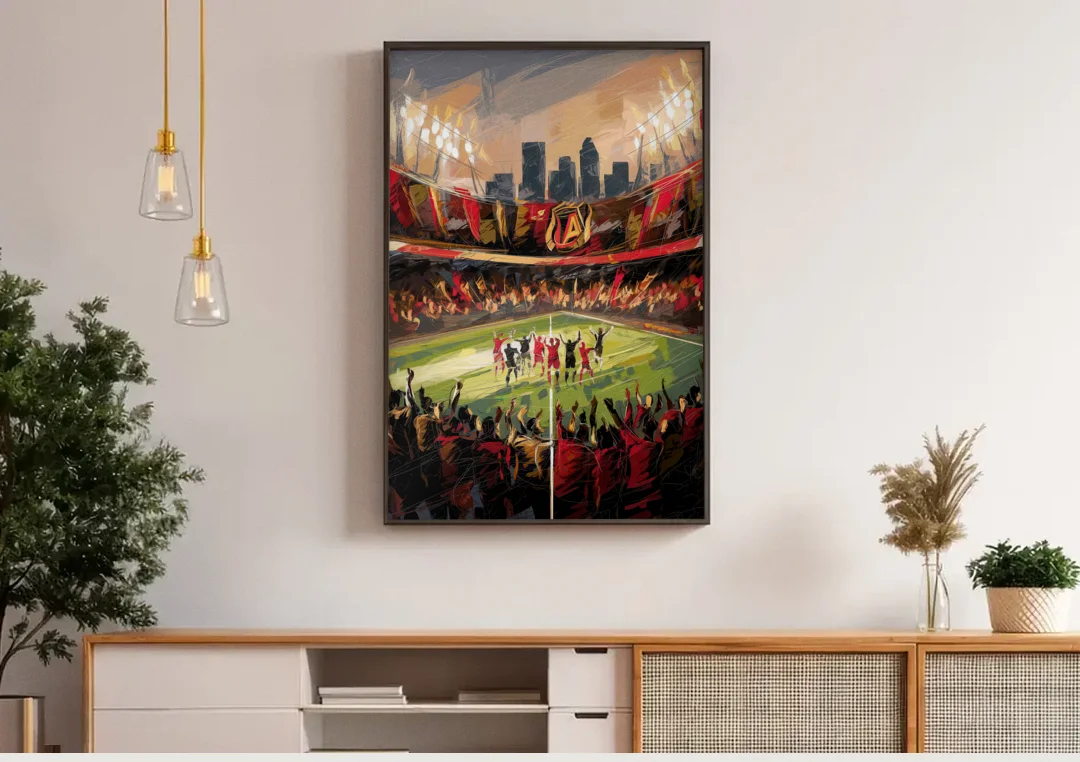 Atlanta United Team Celebration canvas wall art above a wooden sideboard under pendant lights