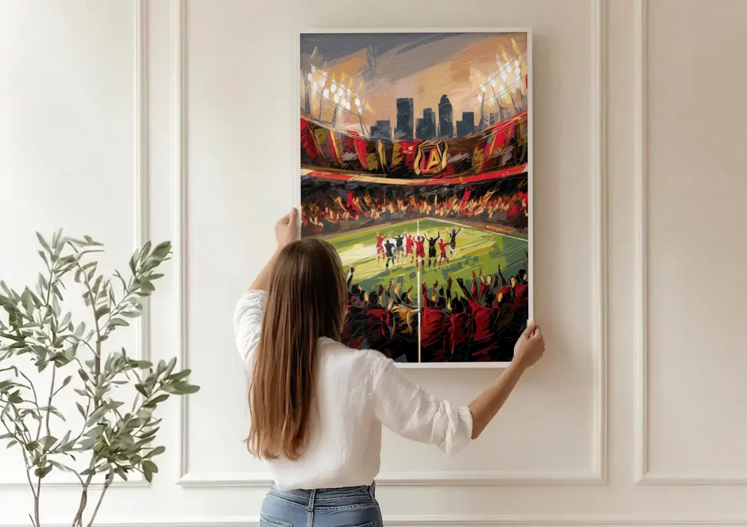 Atlanta United Team Celebration canvas wall art being hung on a paneled wall