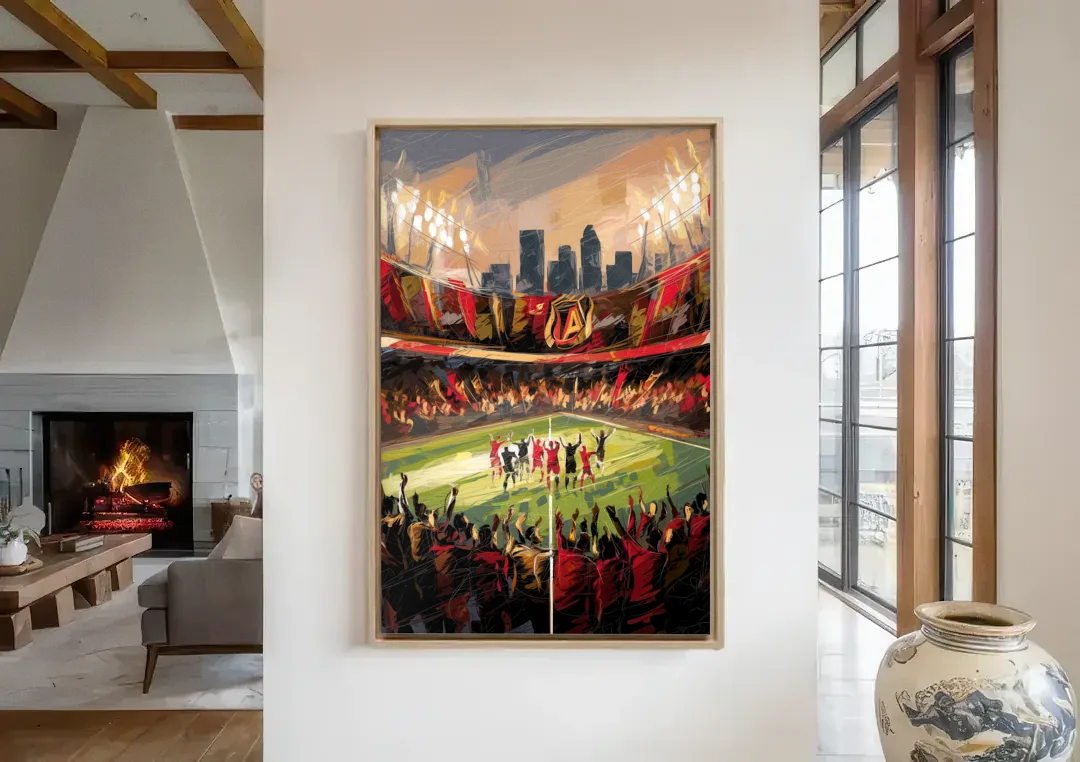 Atlanta United Team Celebration canvas wall art in a living room with a fireplace