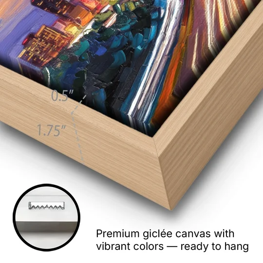 Atlanta Vibrant Downtown Scene - Oak Framed Canvas Wall Art - Gallery Wrap Corner