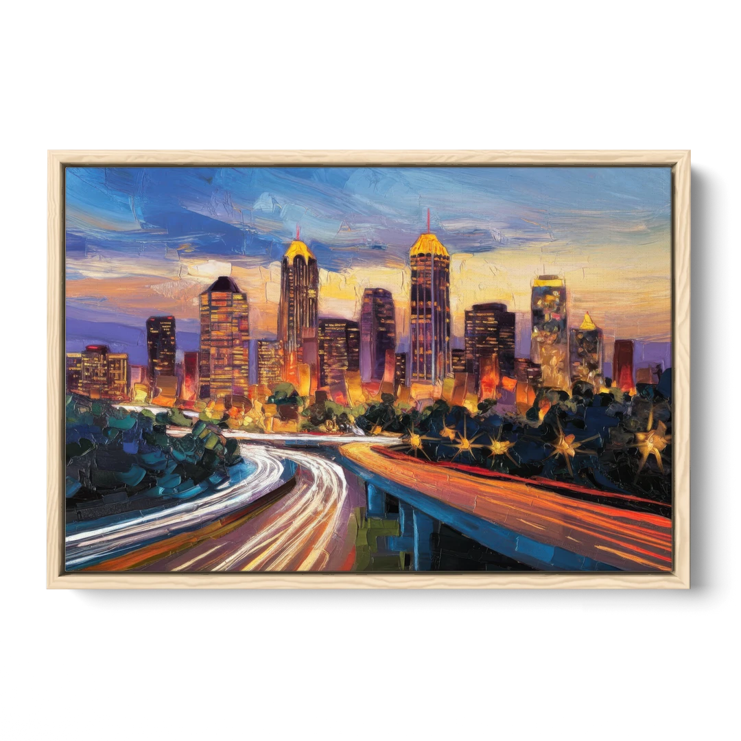 Atlanta Vibrant Downtown Scene - Oak Framed Canvas Wall Art - Front
