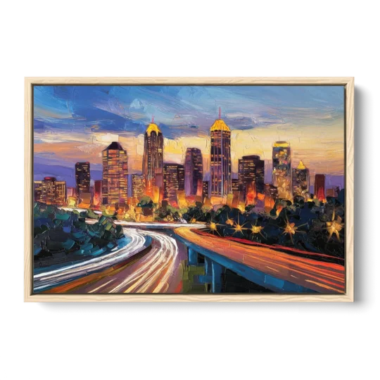 Atlanta Vibrant Downtown Scene - Oak Framed Canvas Wall Art - Front
