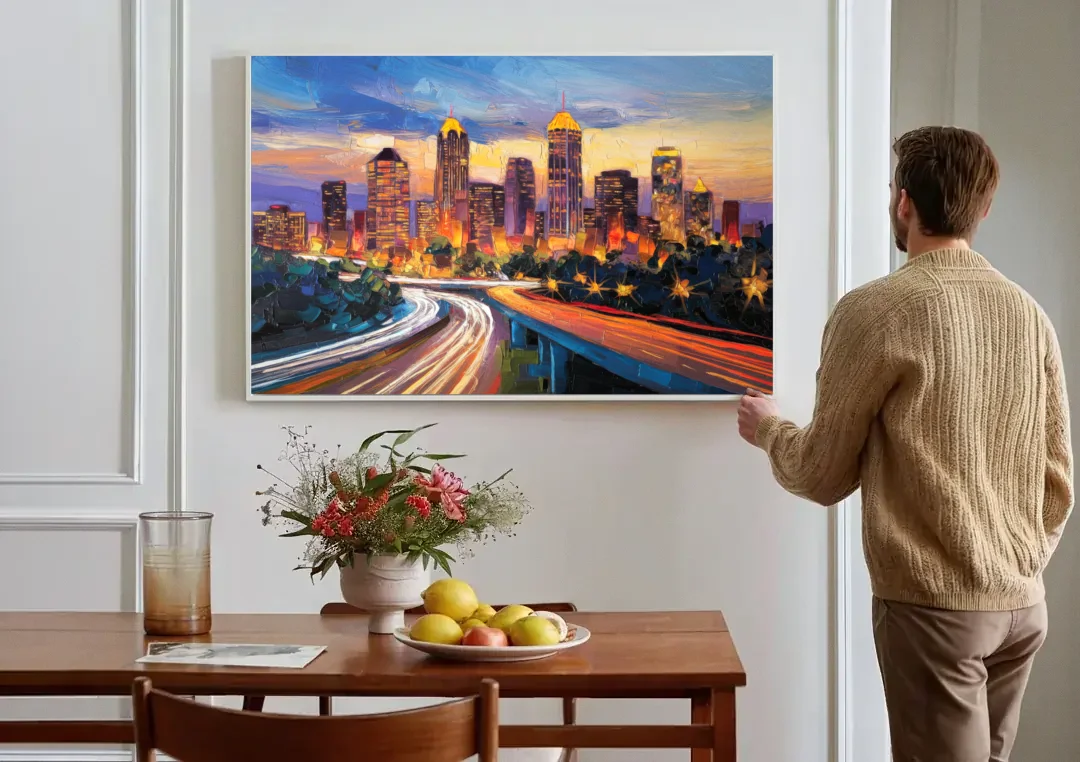 Atlanta Vibrant Downtown Scene canvas wall art above a dining table