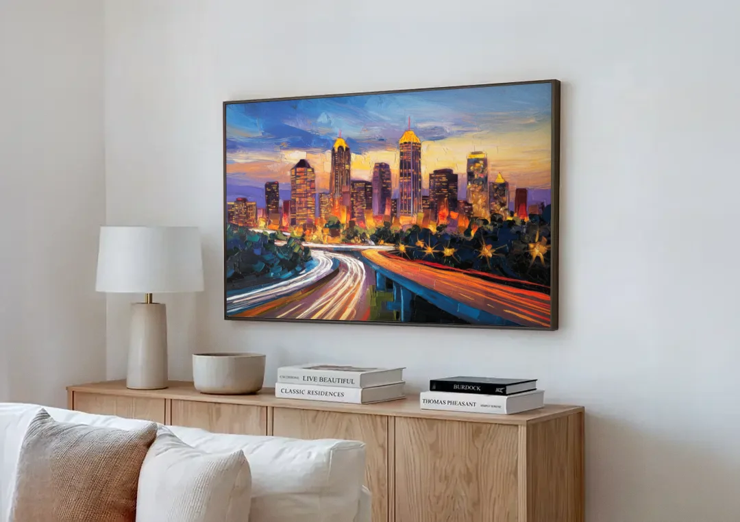Atlanta Vibrant Downtown Scene canvas wall art above a wooden sideboard next to a sofa