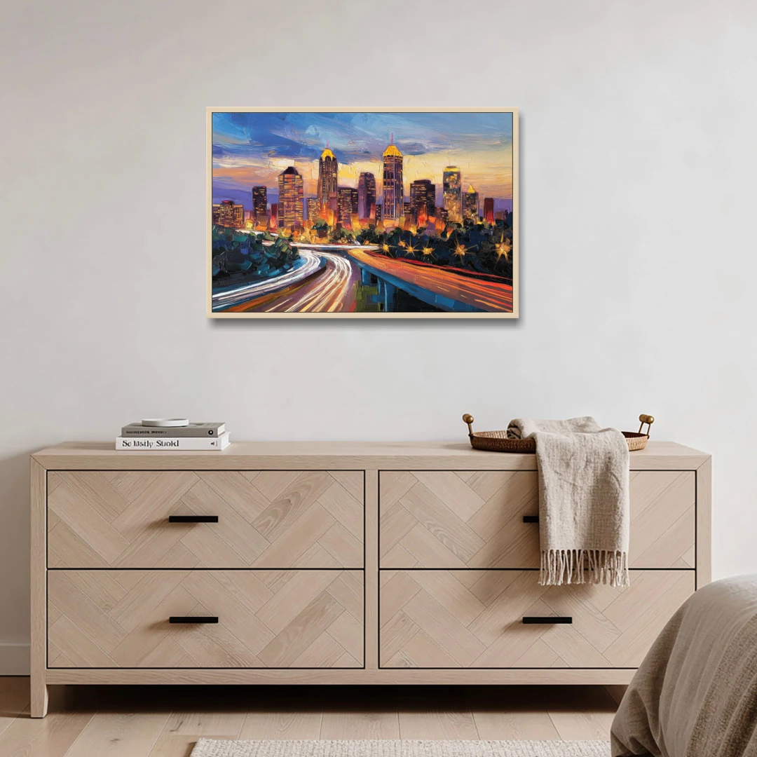 Atlanta Vibrant Downtown Scene - Oak Framed Canvas Wall Art - Coffee Table - 36x24