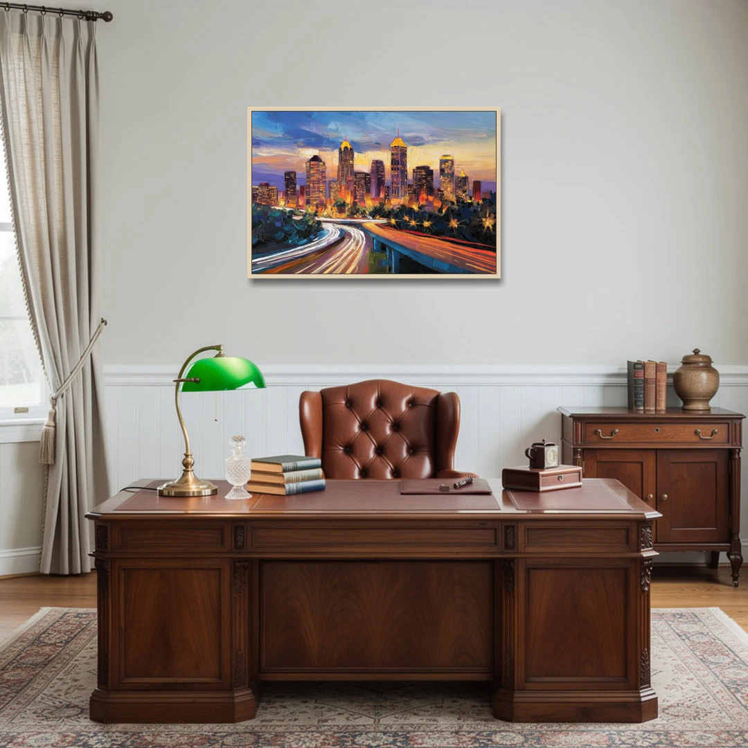 Atlanta Vibrant Downtown Scene - Oak Framed Canvas Wall Art - Office - 36x24