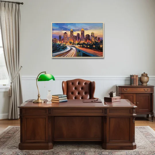Atlanta Vibrant Downtown Scene - Oak Framed Canvas Wall Art - Office - 36x24
