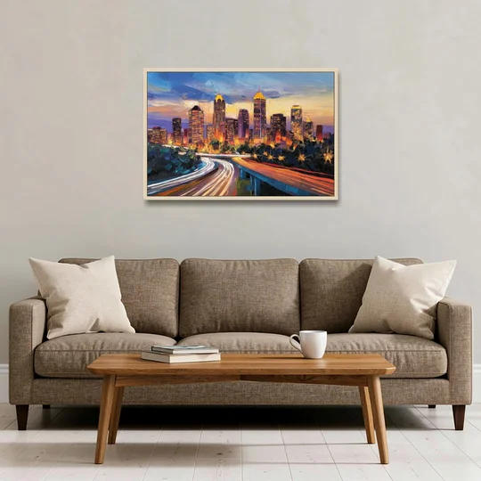 Atlanta Vibrant Downtown Scene - Oak Framed Canvas Wall Art - Sofa - 36x24