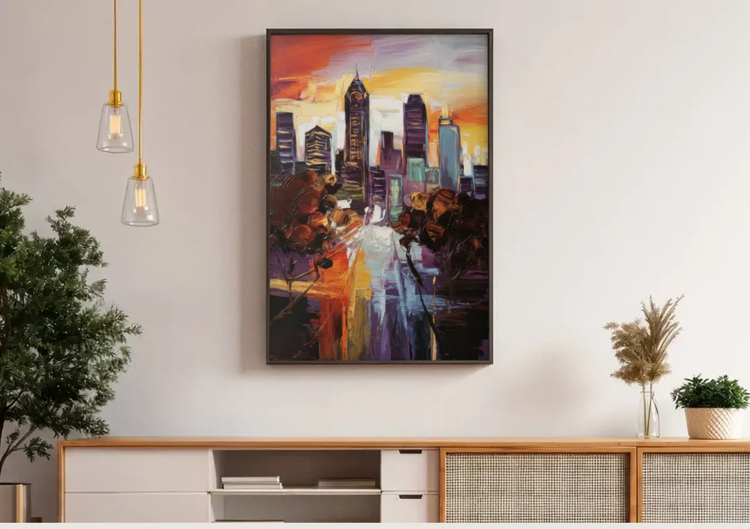 Atlanta Vintage Skyline canvas wall art above a wooden sideboard under pendant lights
