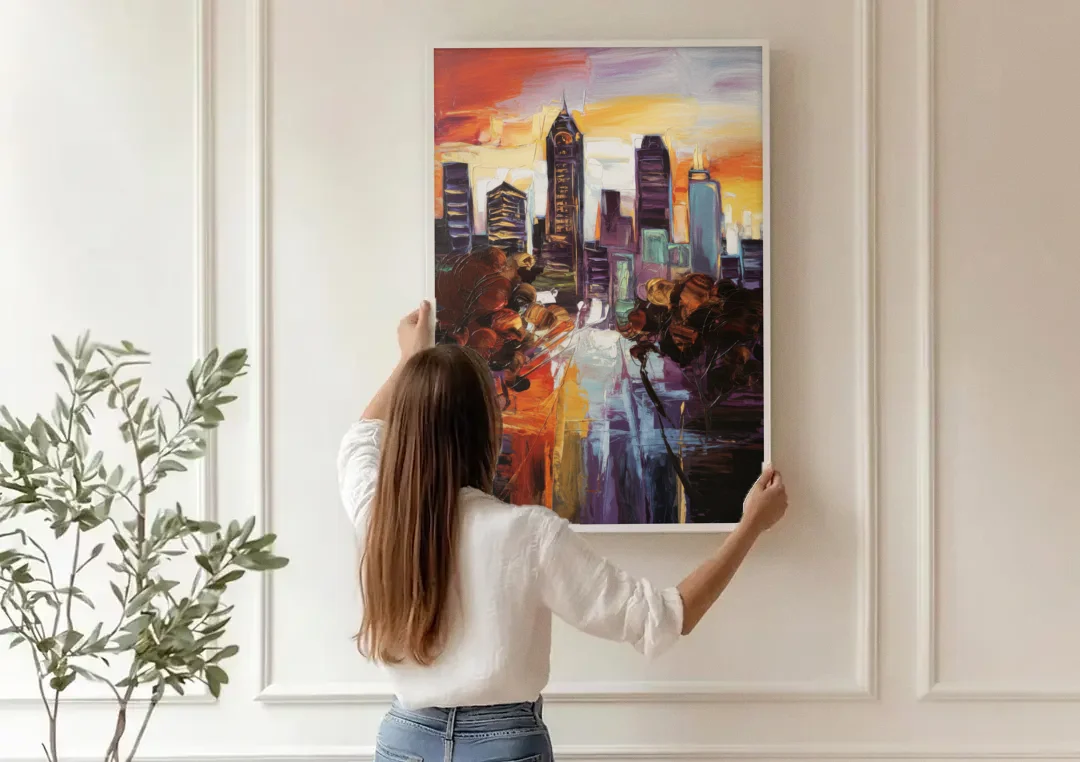 Atlanta Vintage Skyline canvas wall art being hung on a paneled wall