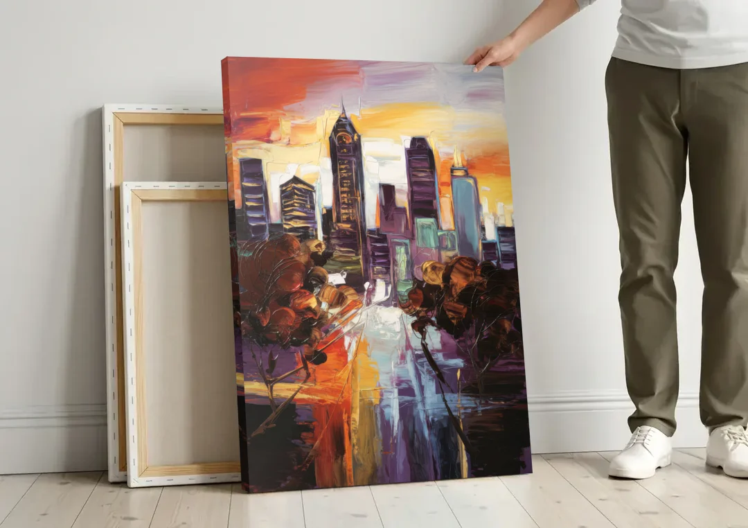 Atlanta Vintage Skyline canvas wall art leaning against a wall next to blank canvases