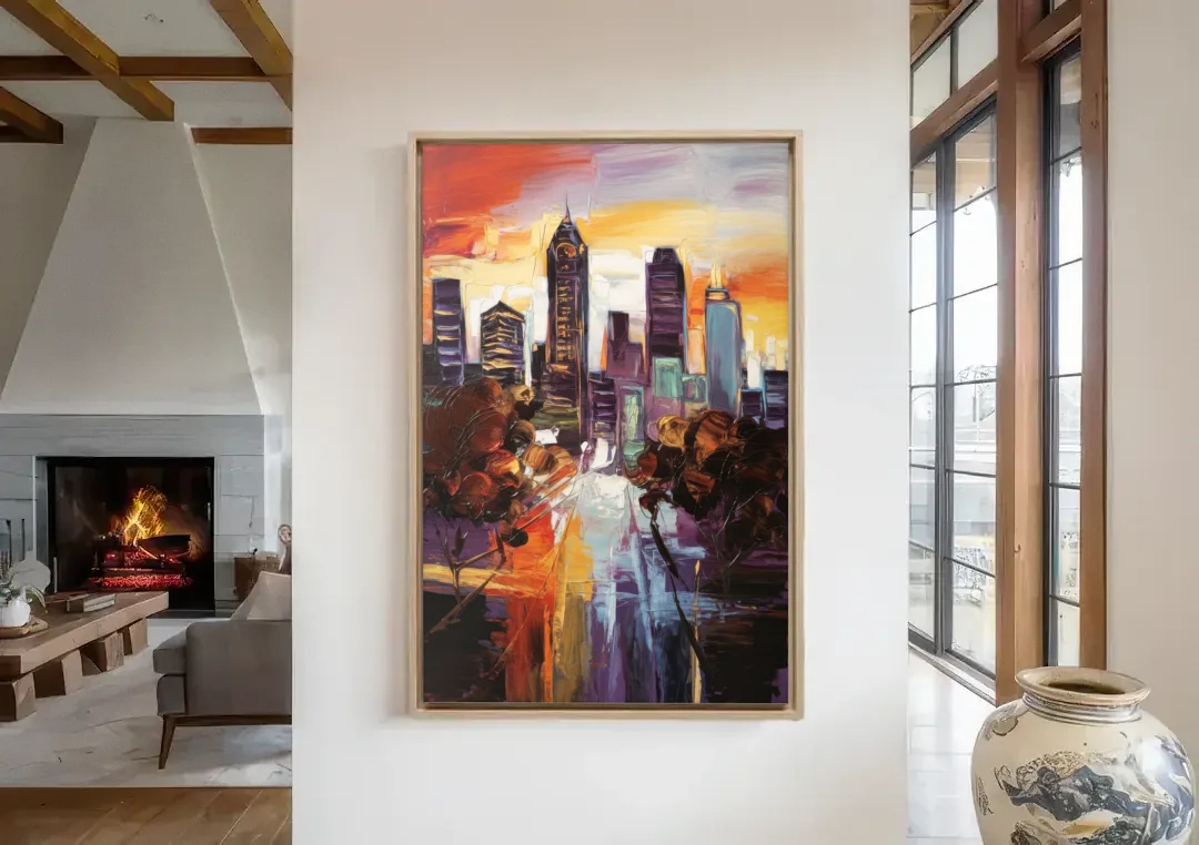 Atlanta Vintage Skyline canvas wall art in a living room with a fireplace