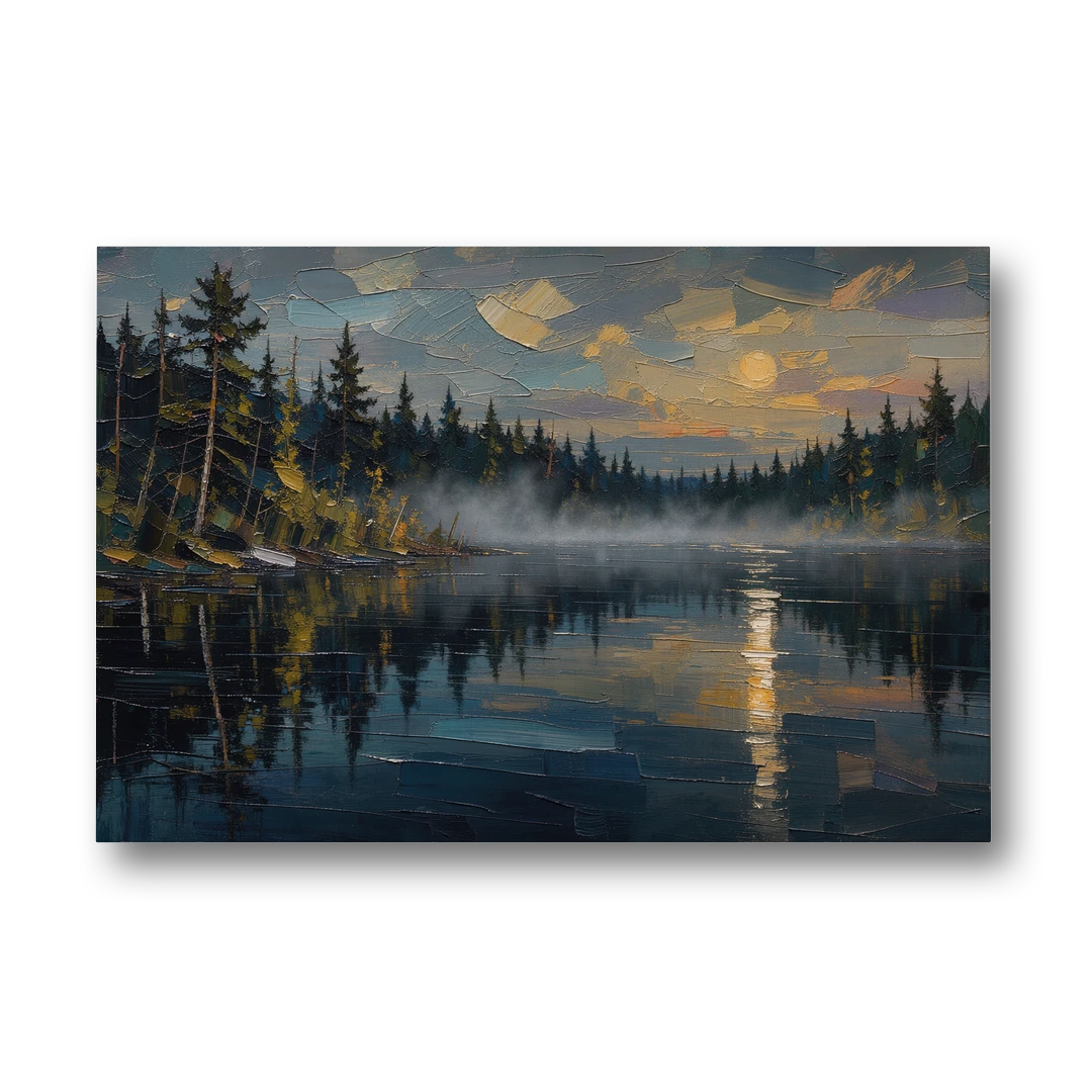 Atmospheric Landscape Painting of a Fogbound Lake - Canvas Wall Art - Front