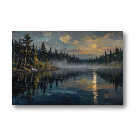 Atmospheric Landscape Painting of a Fogbound Lake - Canvas Wall Art - Front