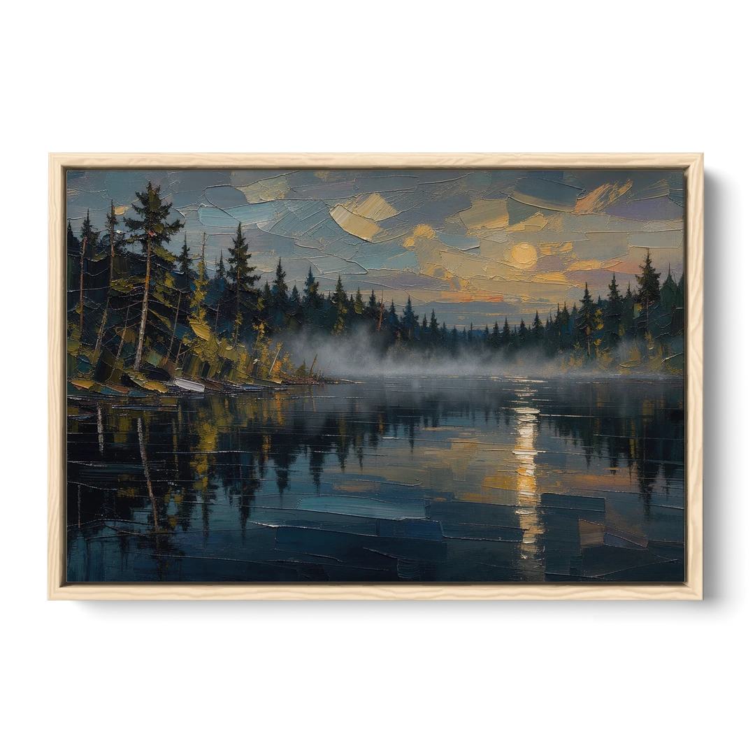 Atmospheric Landscape Painting of a Fogbound Lake - Oak Framed Canvas Wall Art - Front