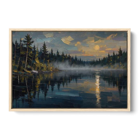 Atmospheric Landscape Painting of a Fogbound Lake - Oak Framed Canvas Wall Art - Front