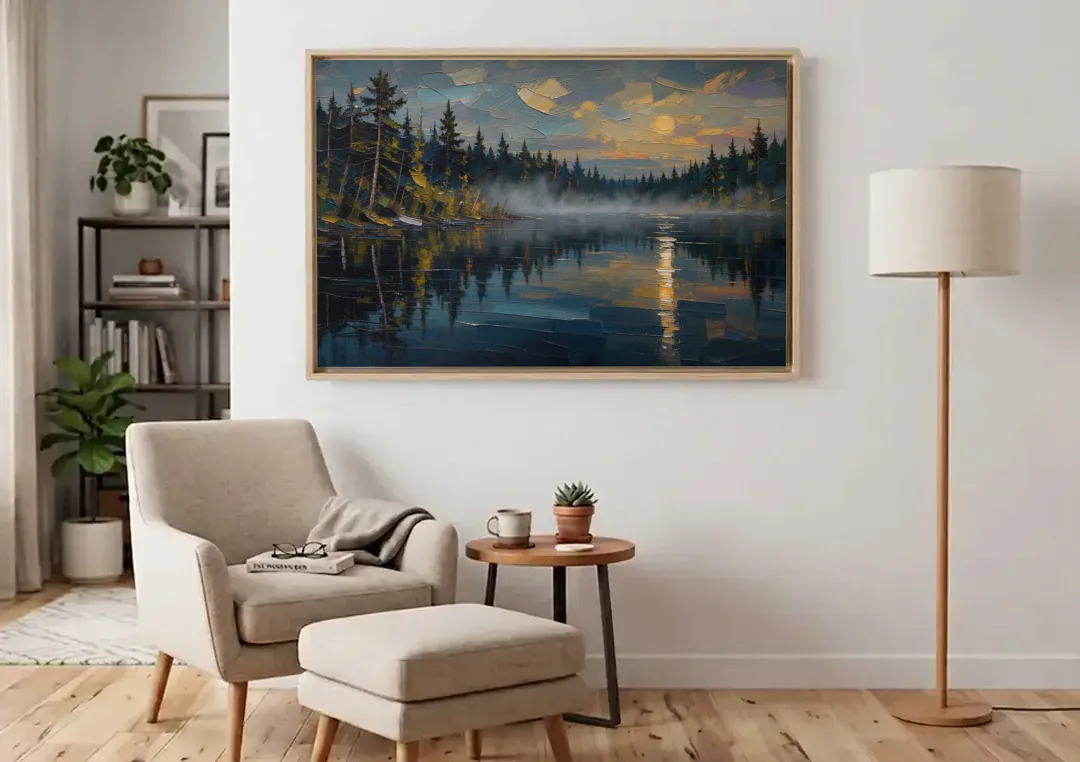 Atmospheric Landscape Painting of a Fogbound Lake canvas wall art above an armchair in a bright living room