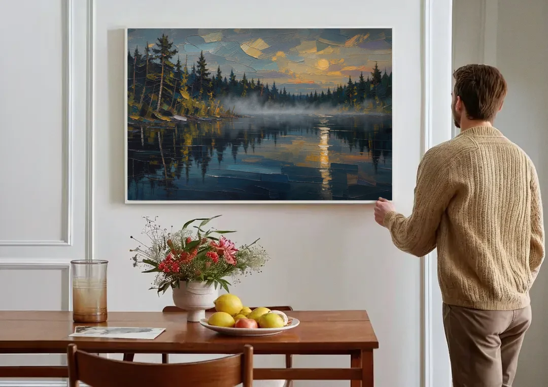 Atmospheric Landscape Painting of a Fogbound Lake canvas wall art above a dining table