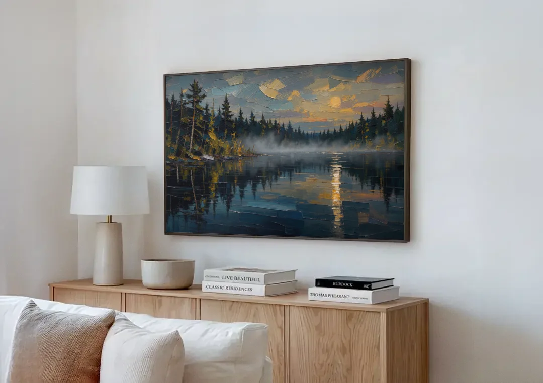 Atmospheric Landscape Painting of a Fogbound Lake canvas wall art above a wooden sideboard next to a sofa