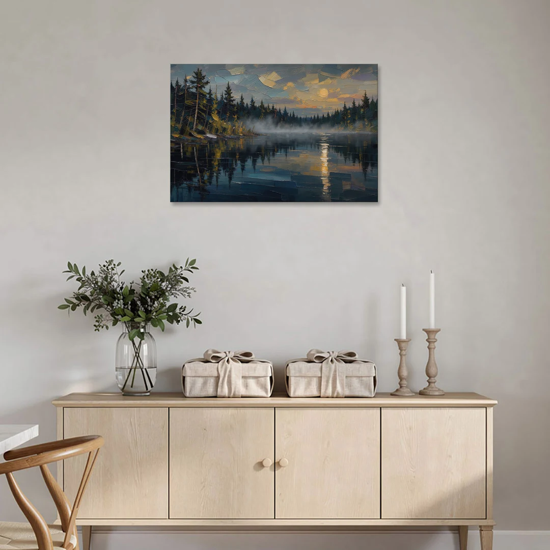 Atmospheric Landscape Painting of a Fogbound Lake - Canvas Wall Art - Coffee Table - 36x24