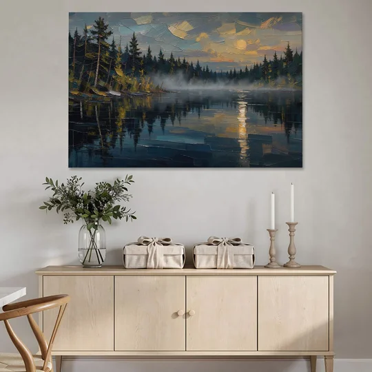 Atmospheric Landscape Painting of a Fogbound Lake - Canvas Wall Art - Coffee Table - 60x40