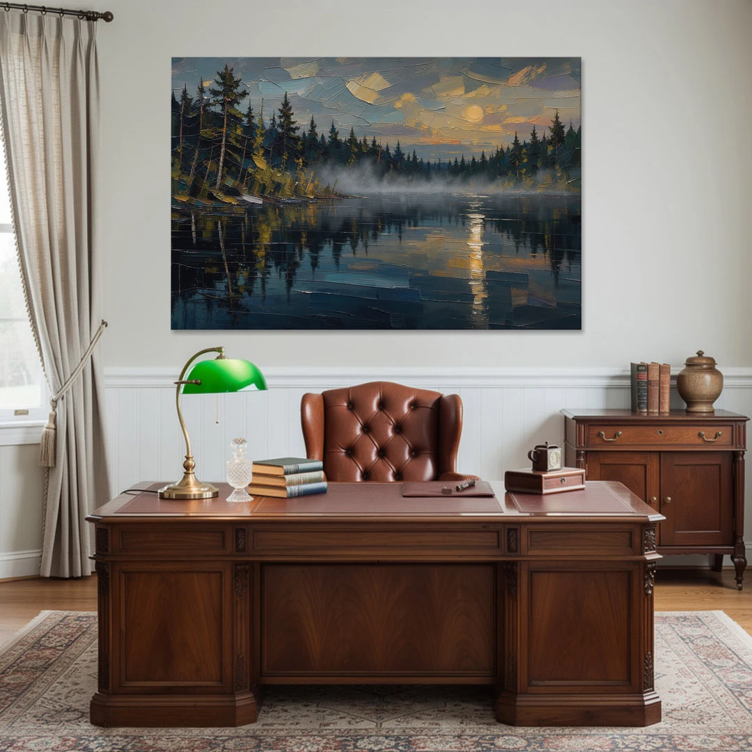 Atmospheric Landscape Painting of a Fogbound Lake - Canvas Wall Art - Office - 60x40