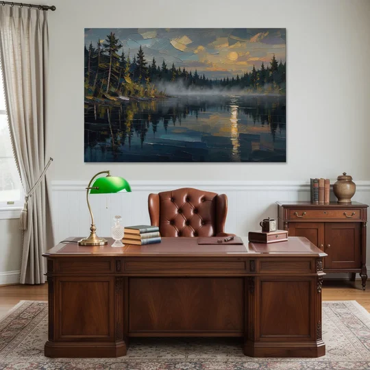 Atmospheric Landscape Painting of a Fogbound Lake - Canvas Wall Art - Office - 60x40