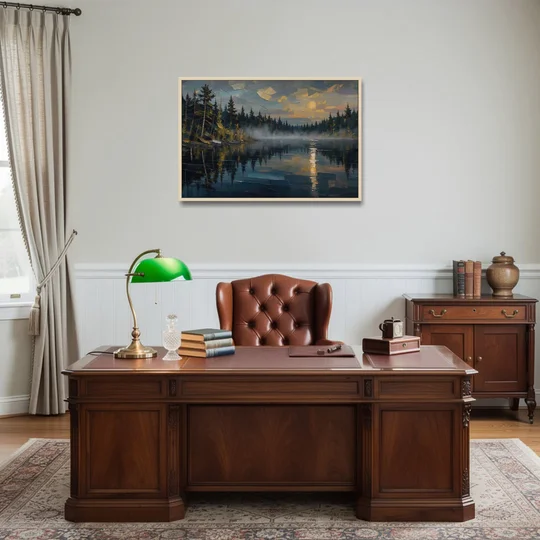 Atmospheric Landscape Painting of a Fogbound Lake - Oak Framed Canvas Wall Art - Office - 36x24