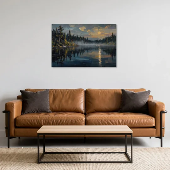 Atmospheric Landscape Painting of a Fogbound Lake - Canvas Wall Art - Sofa - 36x24