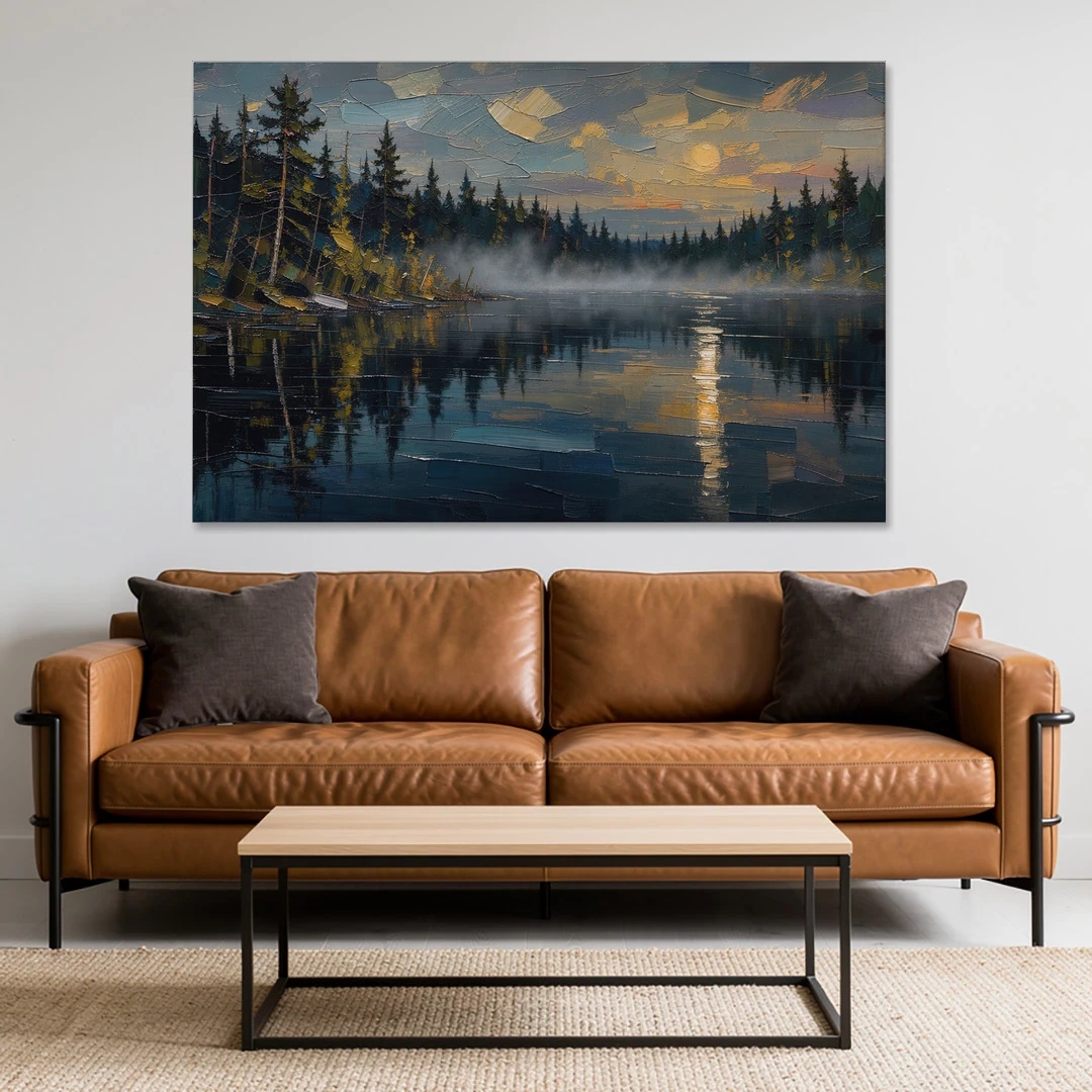 Atmospheric Landscape Painting of a Fogbound Lake - Canvas Wall Art - Sofa - 60x40